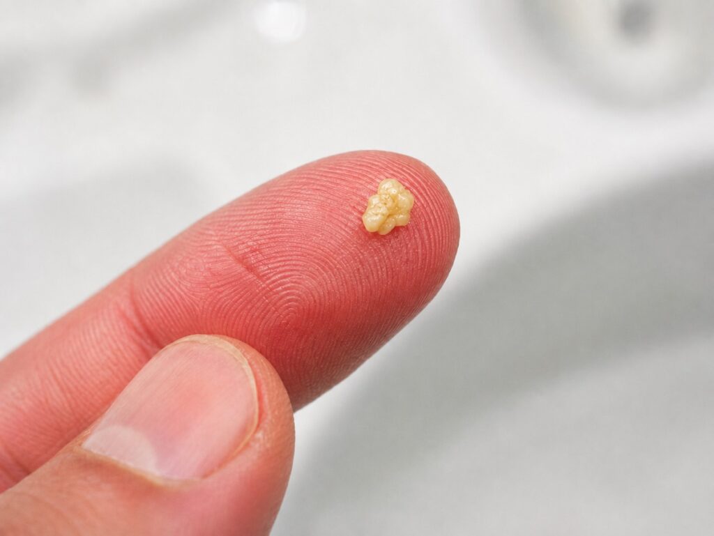 Tonsil stone on fingertip.