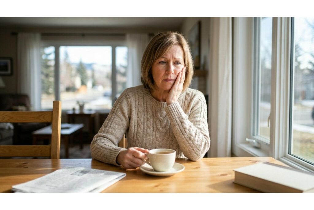 A concerned middle-aged woman sitting at a dining room table in front of a window, looking worried and holding her hand to her cheek as if experiencing toothache or dental pain, with a tea cup in front of her.