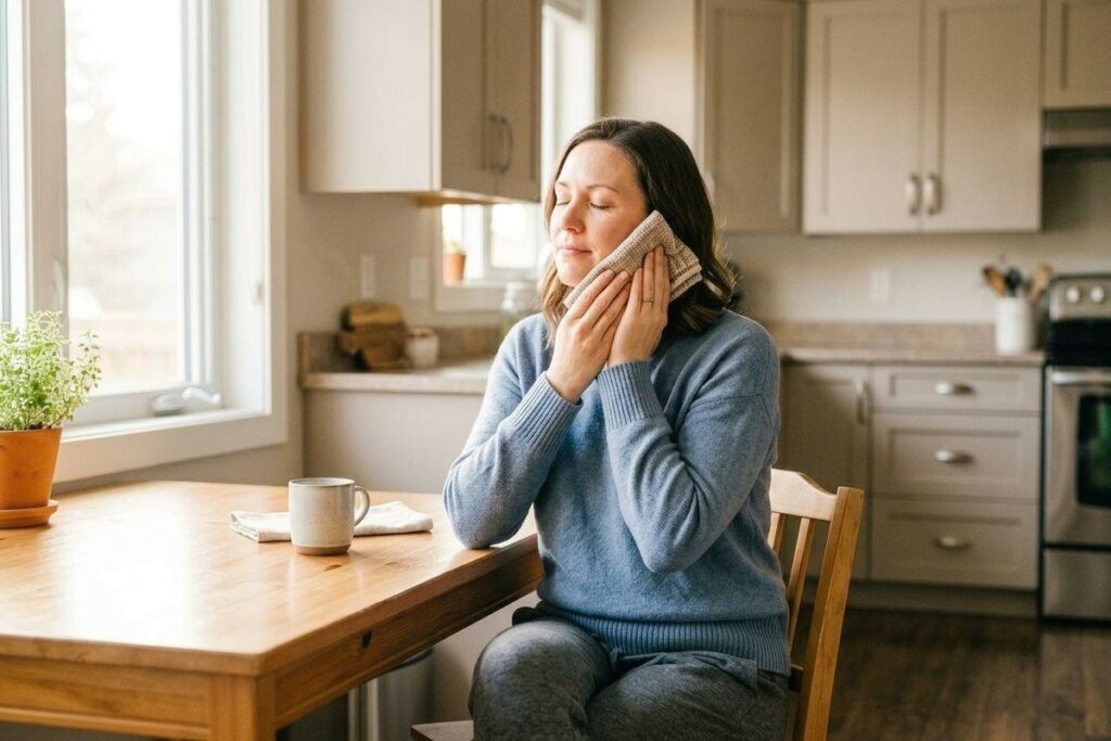 Adult sitting at a kitchen table applying a warm compress to their cheek, eyes closed, with a coffee mug nearby.