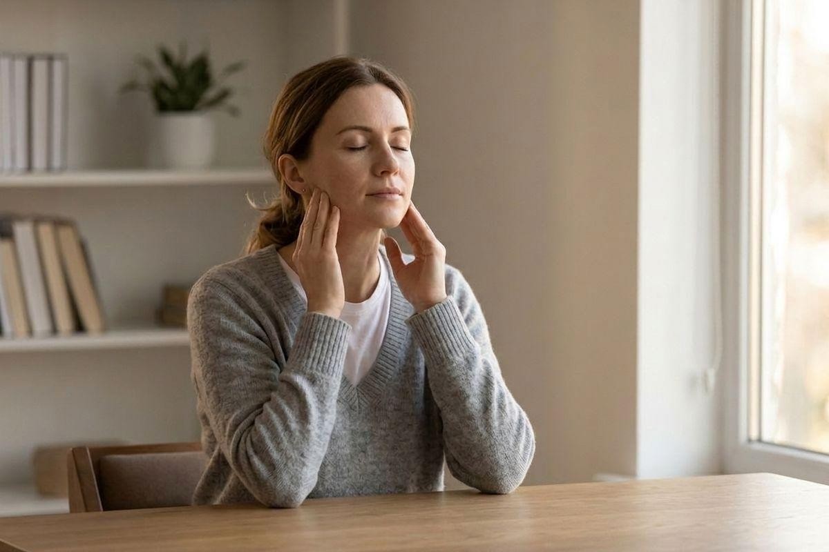 Adult sitting at a wooden table with eyes closed gently touching both sides of t