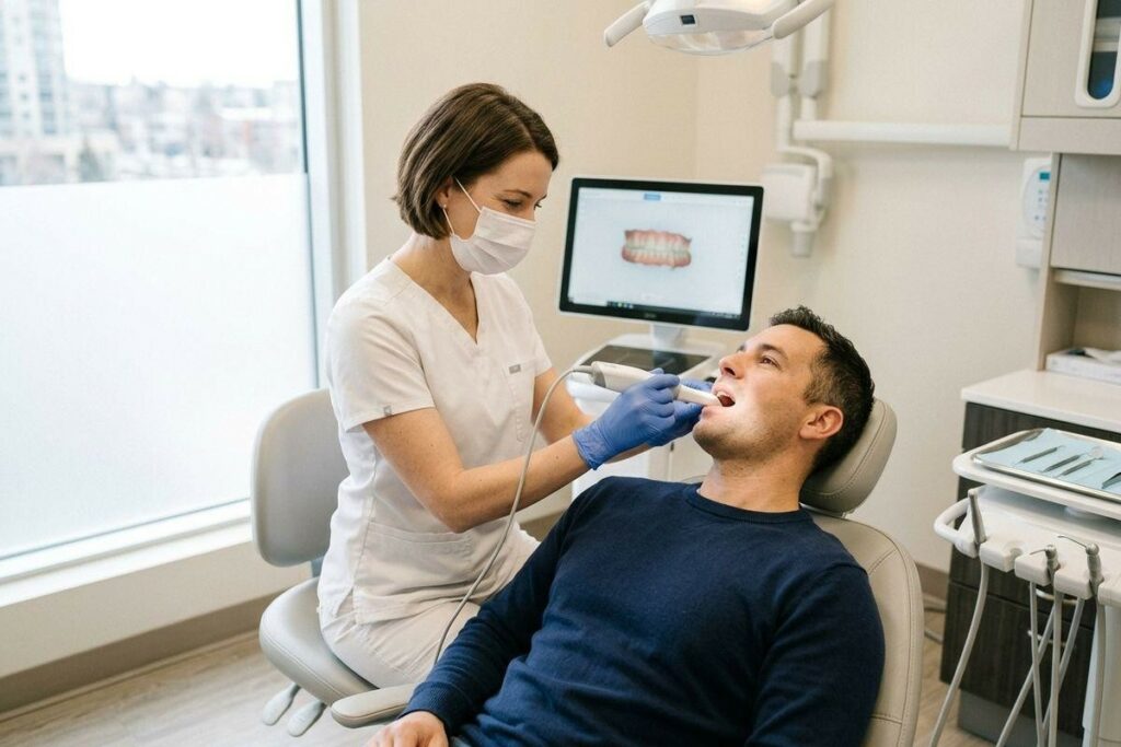 Dentist using an intraoral scanner on a patient's teeth; a screen shows a 3D model of teeth nearby.