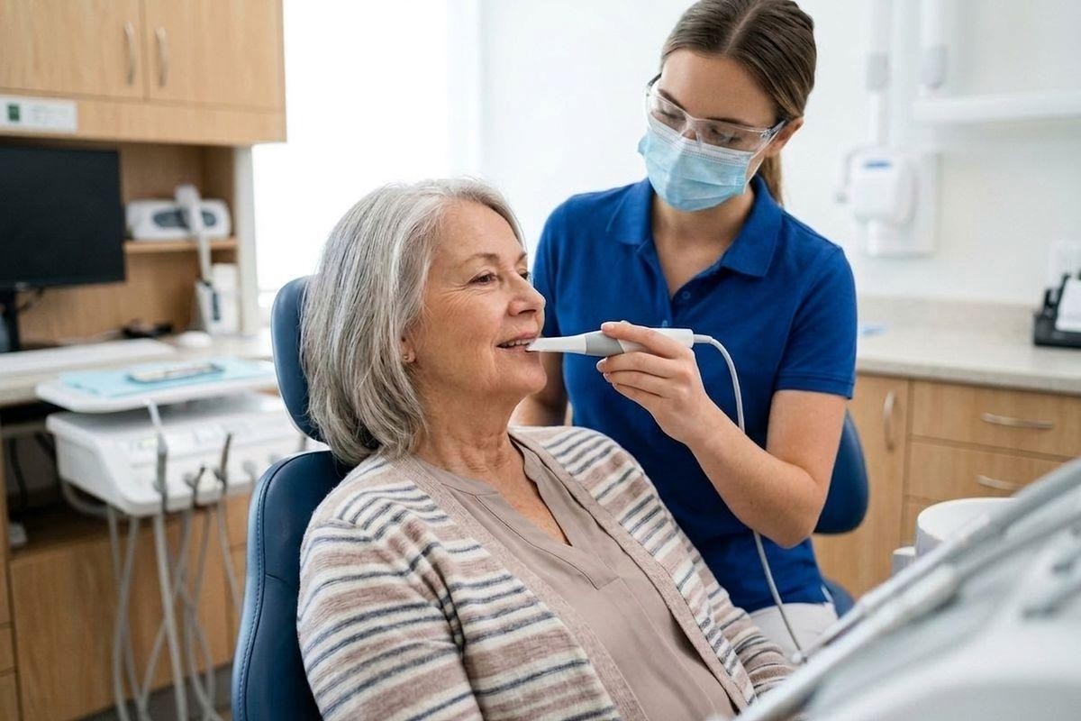 Dentist using an intraoral scanner on a smiling older patient seated in a dental