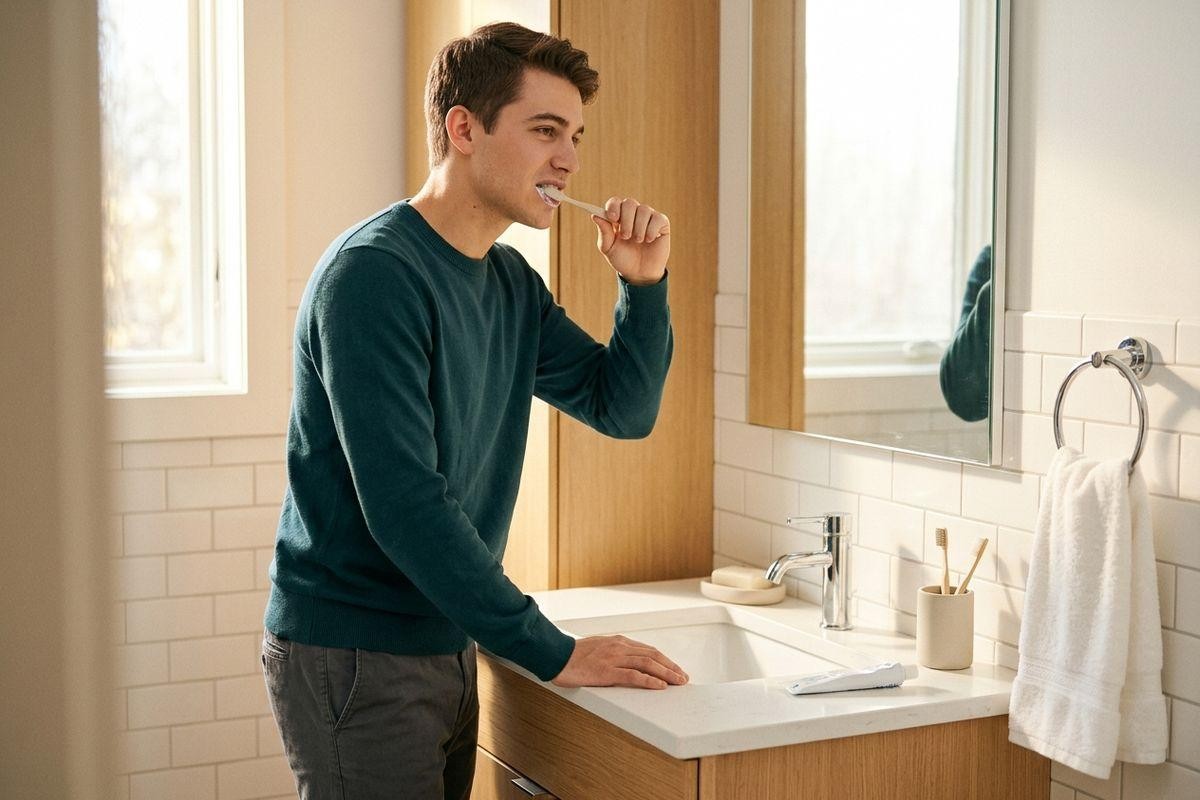 Person in a teal sweater brushing their teeth at a bathroom sink in front of a m