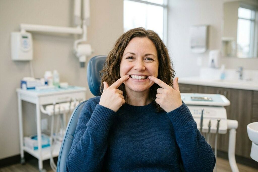 Person in dental chair pointing at their smile with both fingers, seated in a dental exam room.