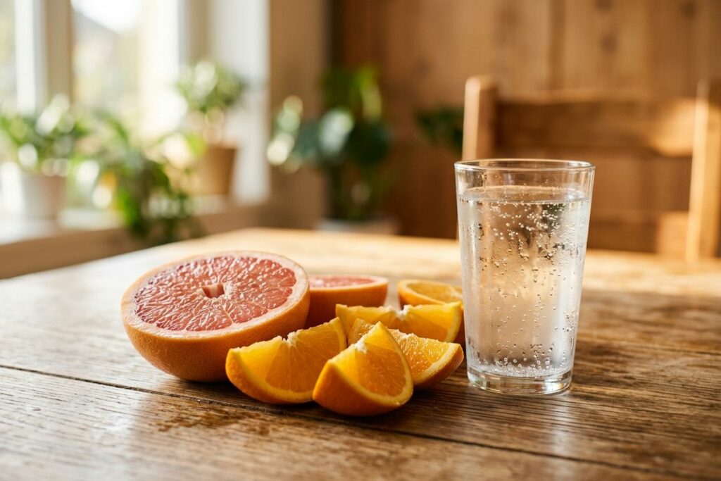 Halved grapefruit and orange wedges beside a glass of sparkling water on a wooden table