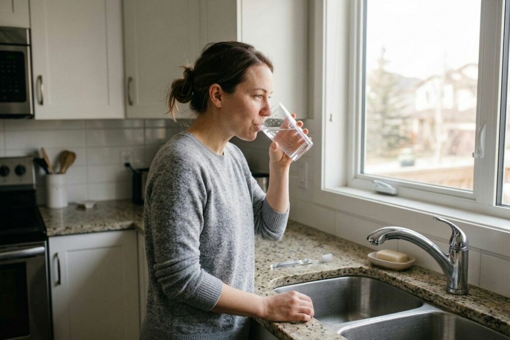 Person in gray sweater drinking a glass of water by the kitchen sink looking out the window